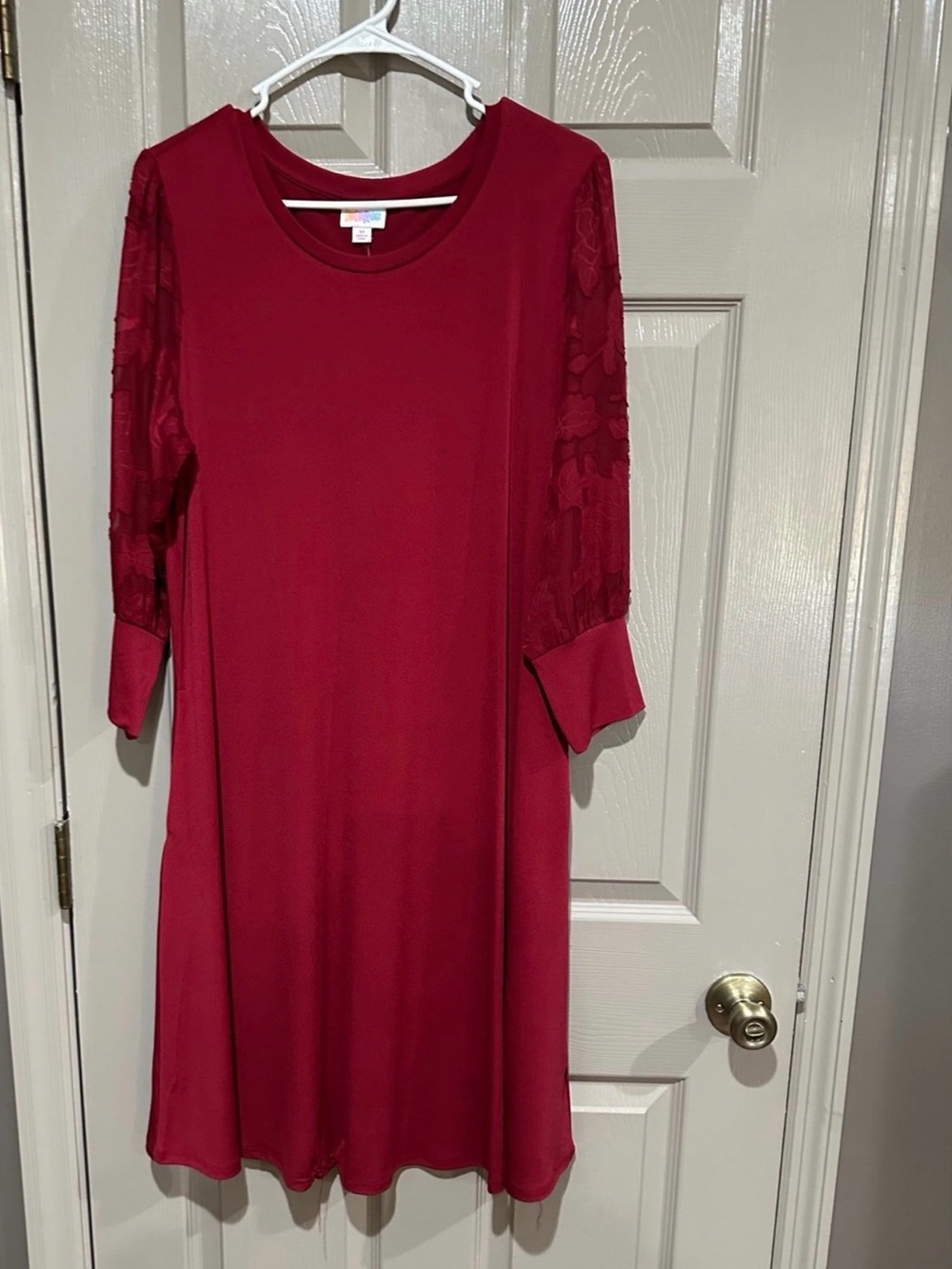 LuLaRoe Deep Red Lace-Sleeve Midi Dress